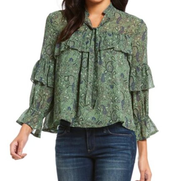 Lucky Brand Tops - Lucky Brand Womens Peasant Tie Ruffle Sleeve Keyhole Blouse Green Paisley M